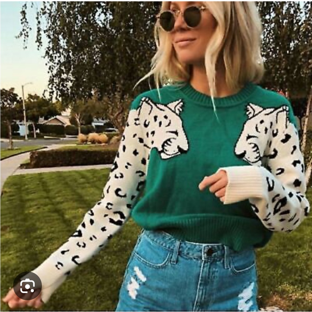 MINKPINK Green snow leopard sweater